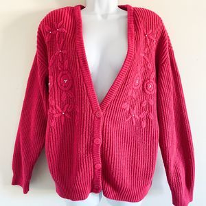 Yarn Works Hot Pink Floral Knit Cardigan